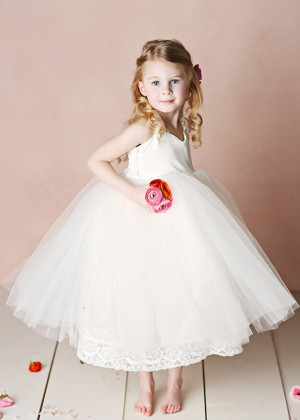 Ivory Satin Tulle Tea Length Cross Back Simple Flower Girl Dress